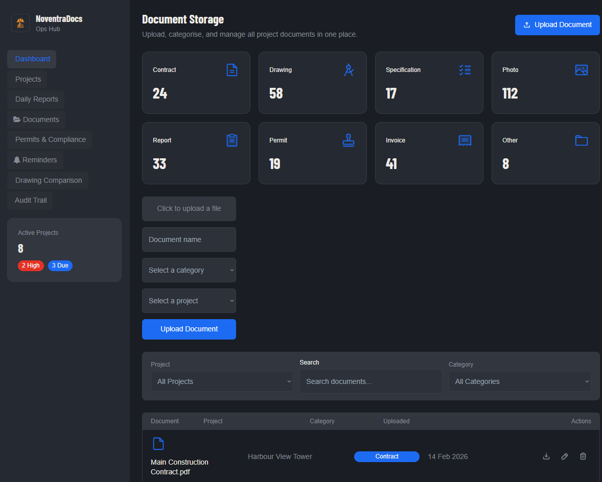 Document register screen with document categories, filters and a project document list